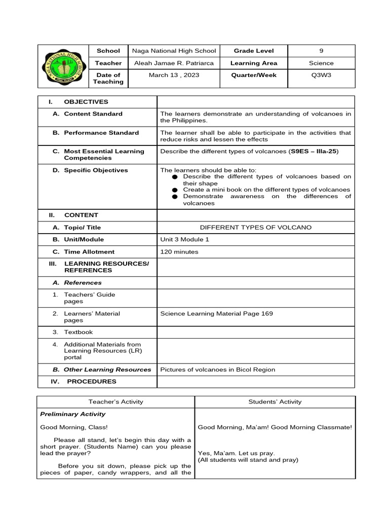 Types of Volcanoes Lesson Plan | PDF | Volcano | Lava