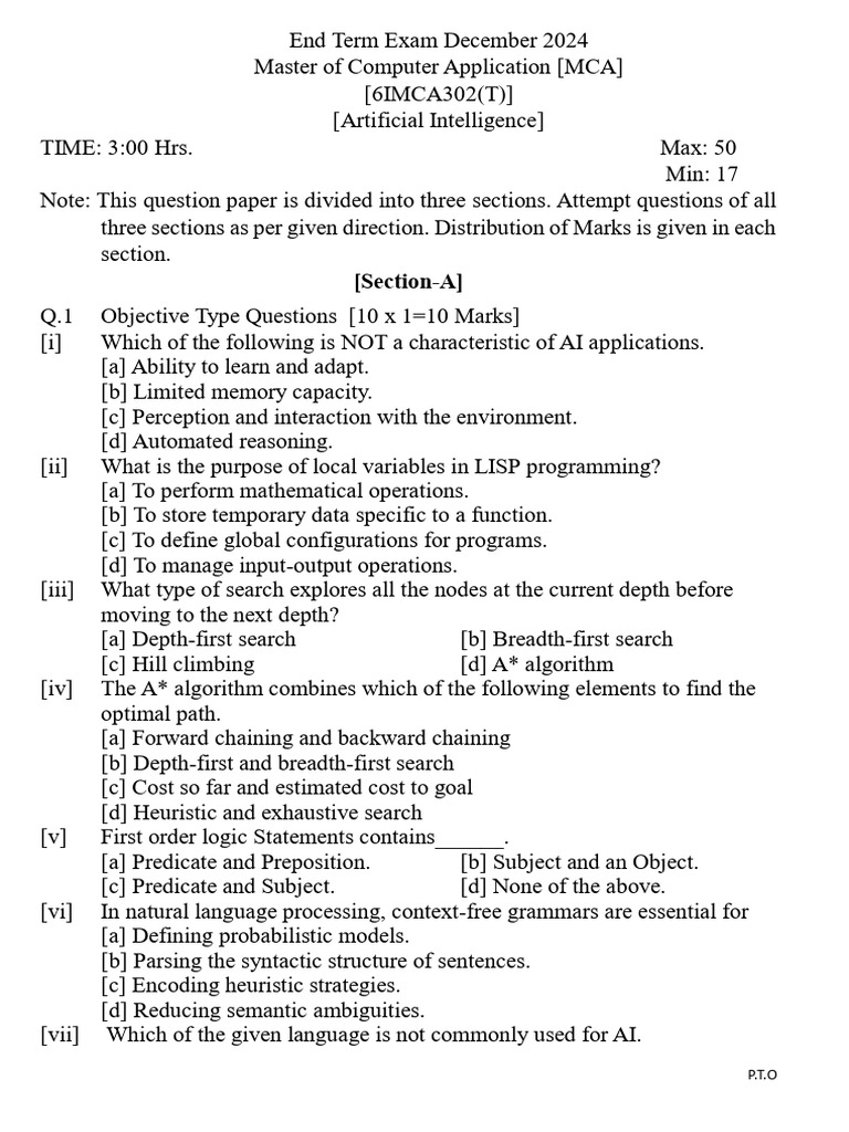 MCA AI End Term Exam December 2024 | PDF | Artificial Intelligence ...