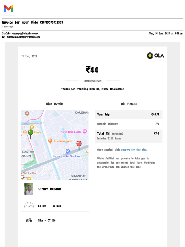 Ola Ride Invoice: ₹44 Fare Details | PDF | Passenger Rail Transport ...