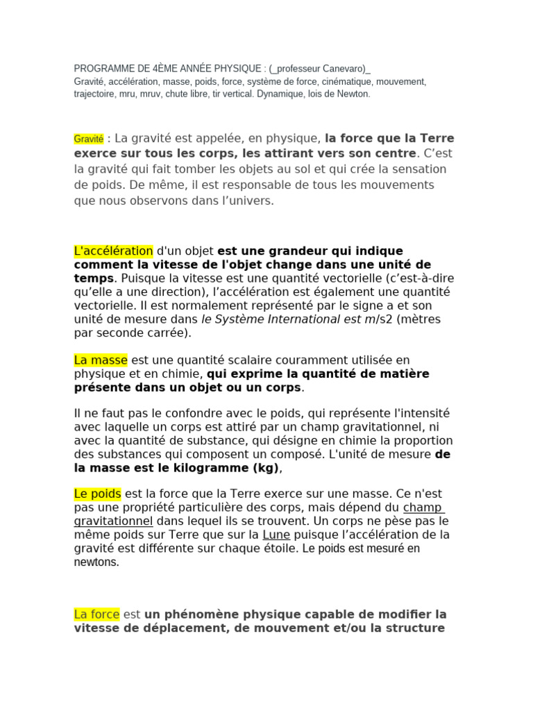 Concepts clés de la physique en 4ème année PDF Obliger Accélération — free download