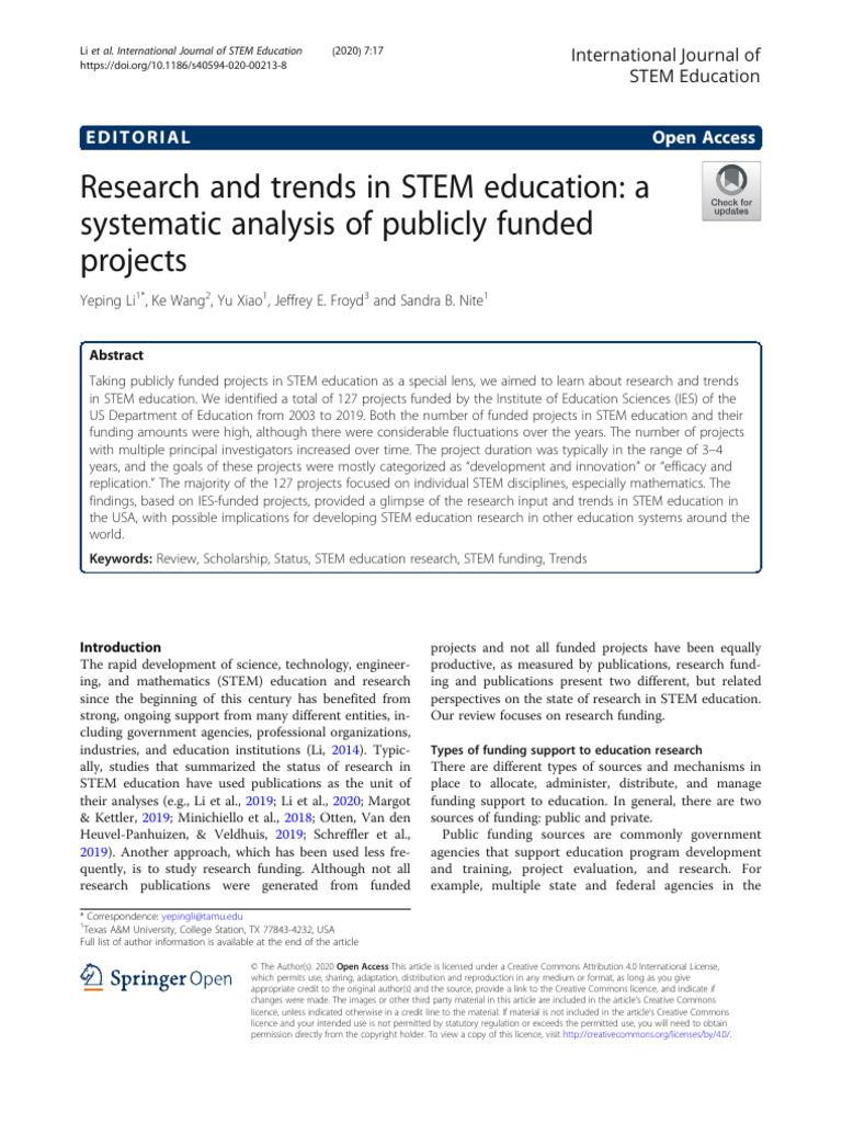 Research and Trends in STEM Education: A Systematic Analysis of ...