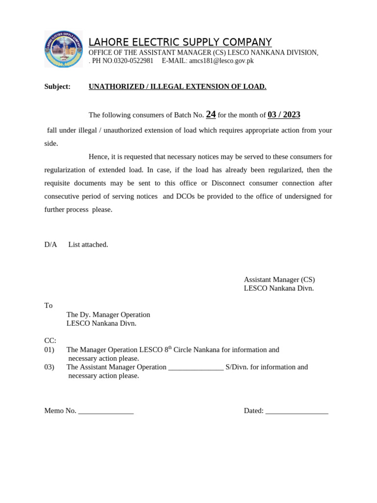 Illegal Load Extension Notice - LESCO | PDF
