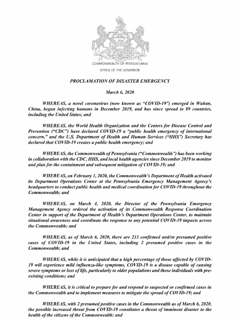Pennsylvania COVID-19 Disaster Proclamation | PDF | Emergency ...