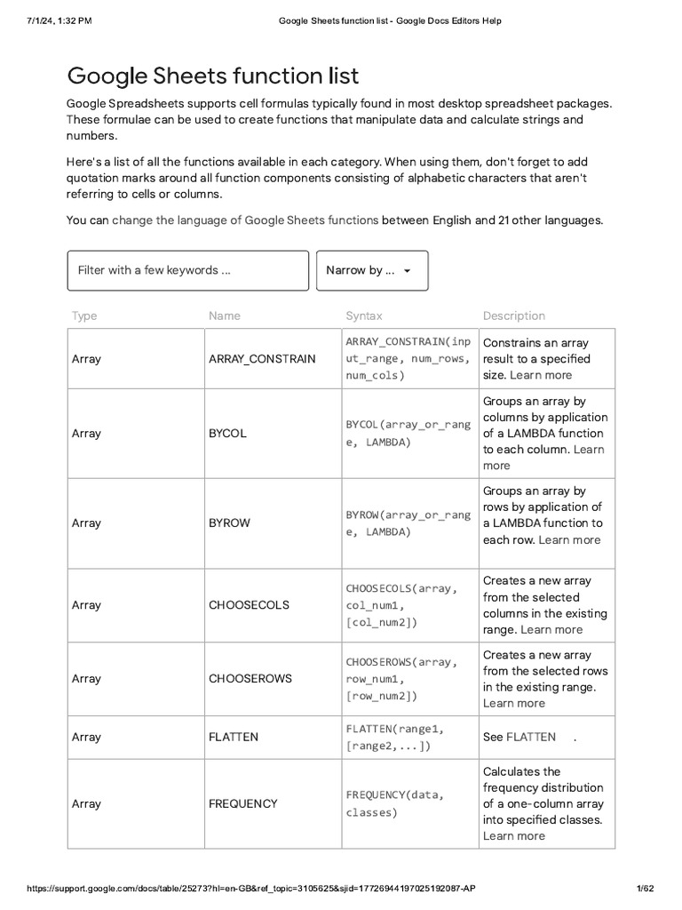 Google Sheets function list | PDF