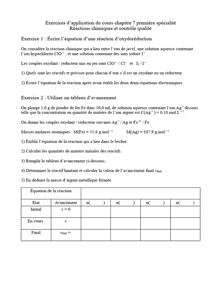 Exercices sur les réactions chimiques | PDF