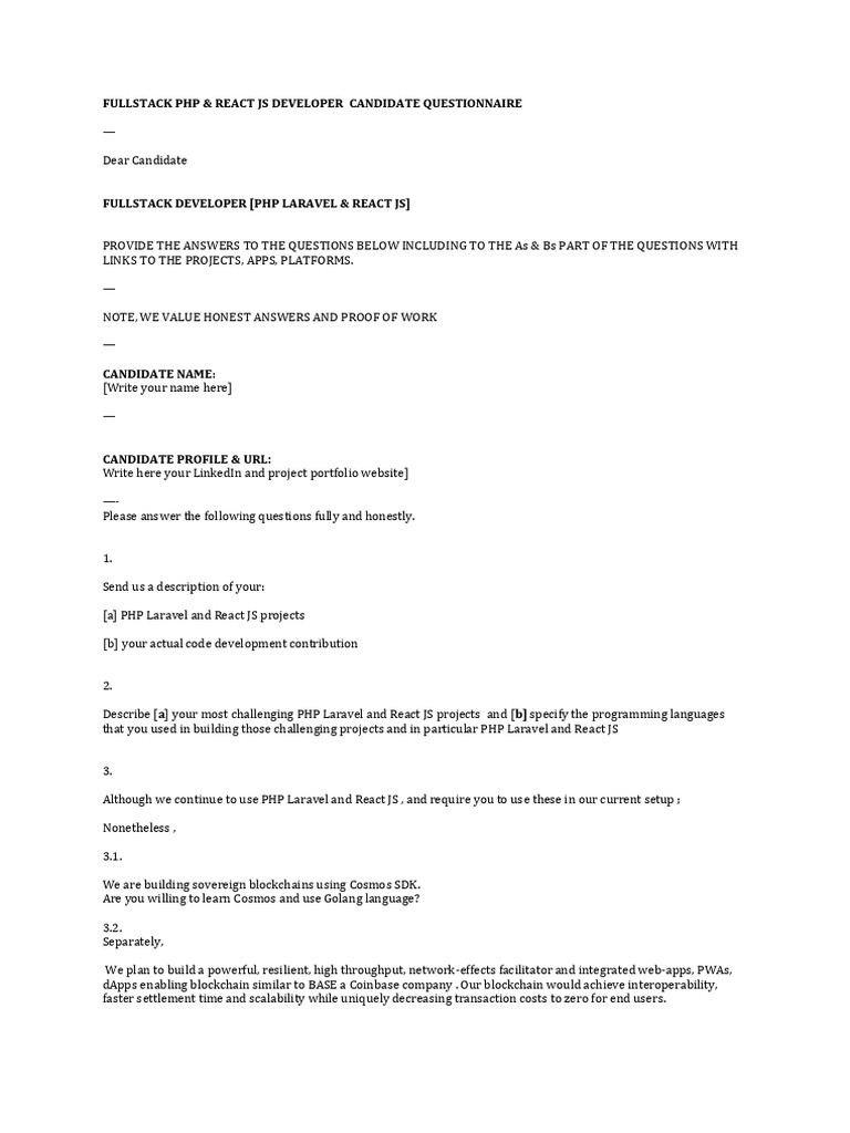 Fullstack PHP & React JS Developer Candidate Questionnaire | PDF ...