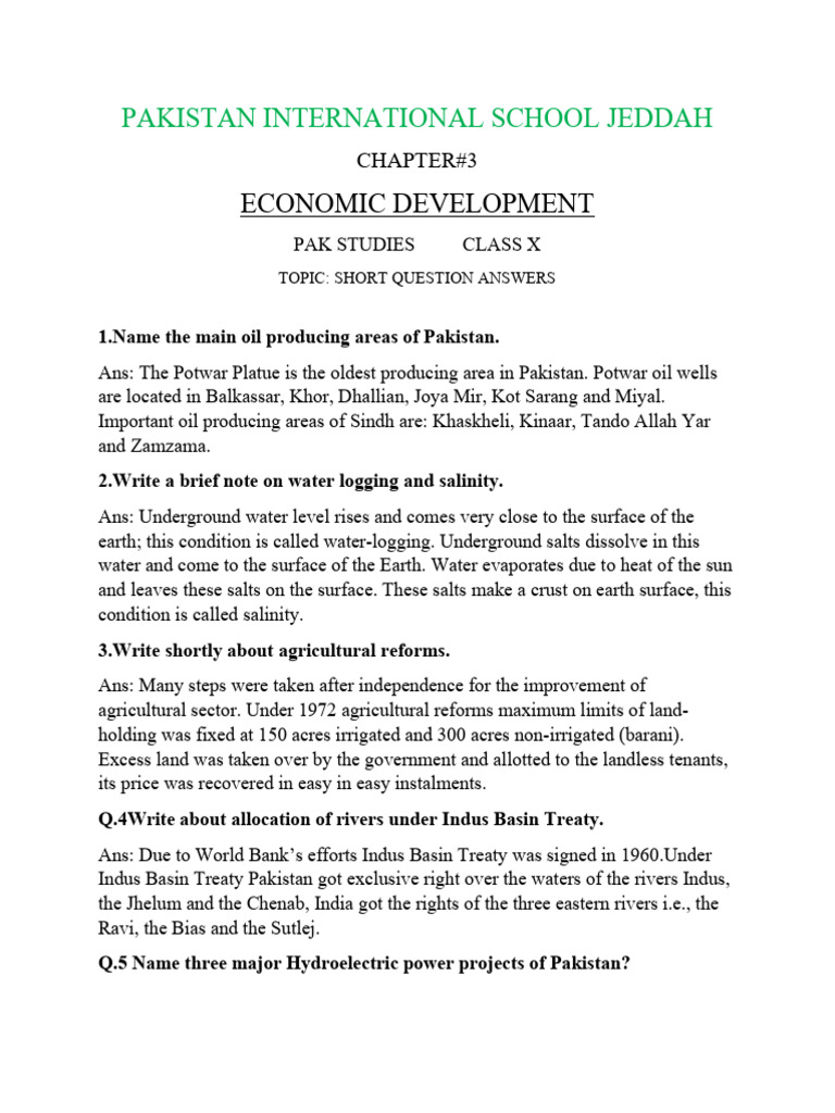 Pak Studies x Ch3 Economic Development Question Ans | PDF | Agriculture ...