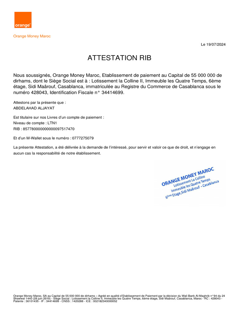 Attestation RIB Orange Money Maroc | PDF