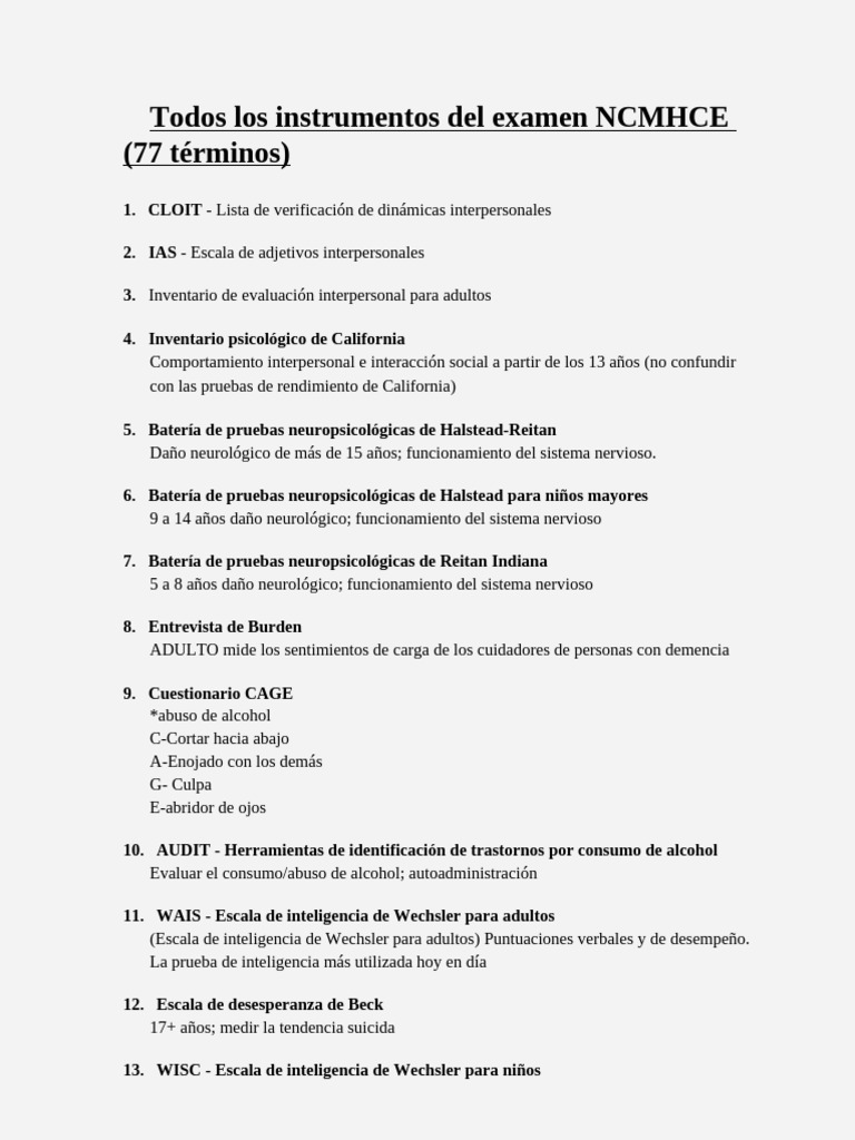 Todos los instrumentos en el examen ncmhce 77 t rminos pdf