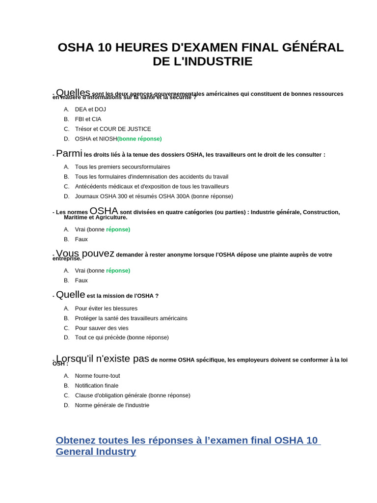 Réponses examen final OSHA 10 heures | PDF | Sécurité | Équipement de protection individuelle
