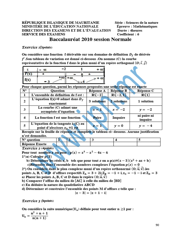 Bac 2010 : Épreuve de Mathématiques | PDF | Fonction (Mathématiques ...