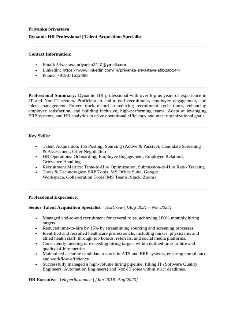 Priyanka Srivastava: HR & Talent Acquisition Expert | PDF | Recruitment ...