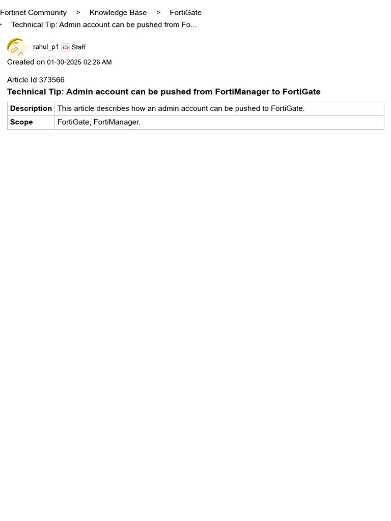 Technical tip admin account can be pushed from fo fortinet