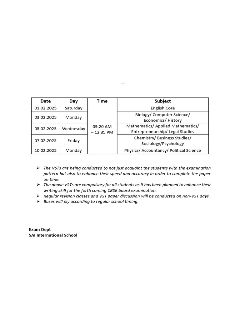 CL Xii VST Schedule 202425 | PDF
