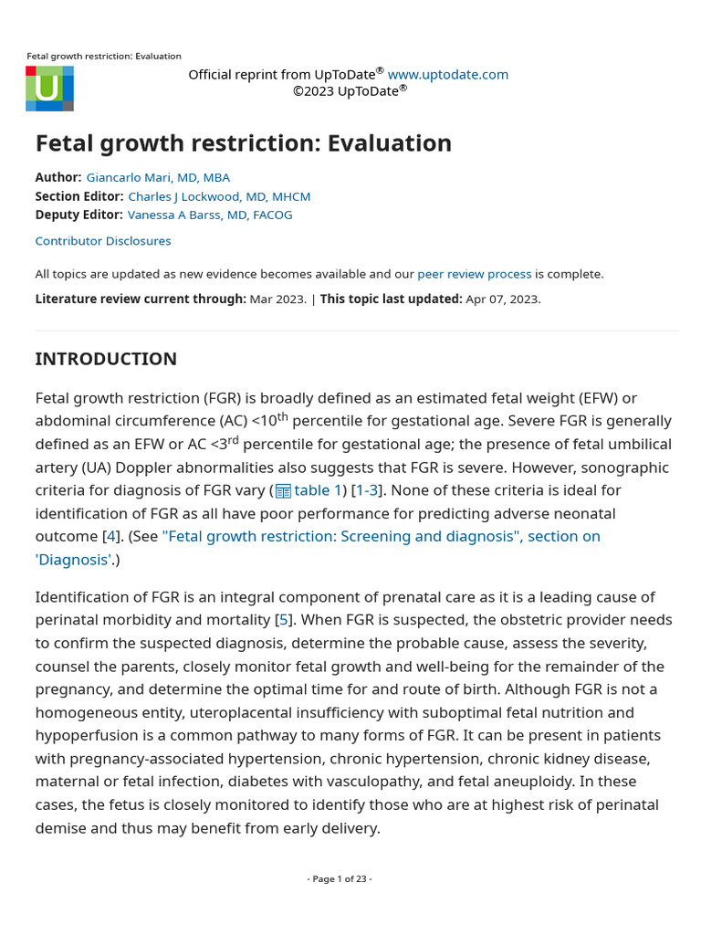 Fetal Growth Restriction - Evaluation | PDF | Prenatal Development | Fetus