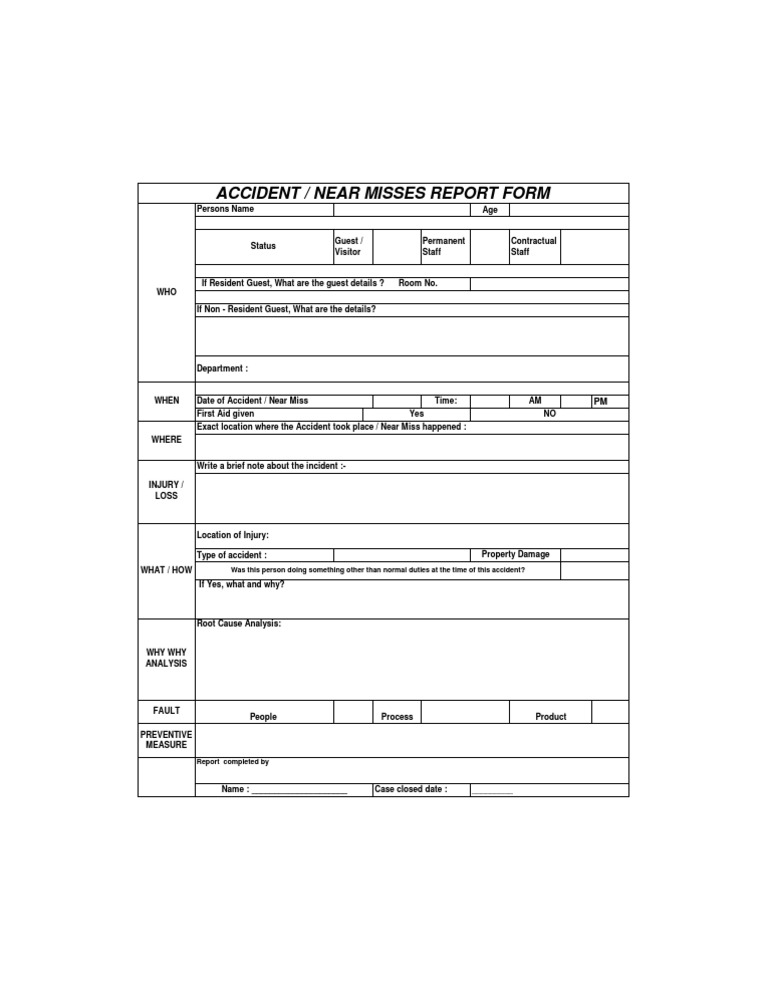 Accident/Near Miss Report Form | PDF | Accident (General) | Disaster ...