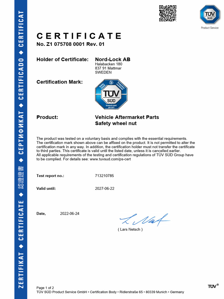 Certificate z1-075708-0001 Tuv Wheel-Nuts | PDF
