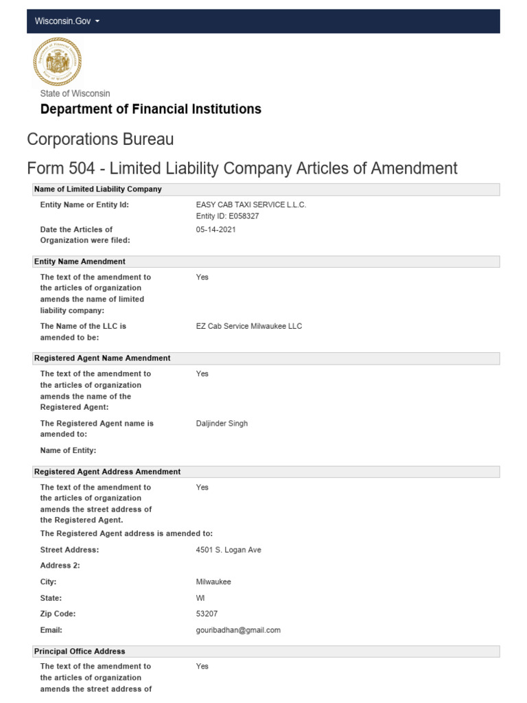 Wisconsin LLC Amendment Form 504 | PDF | Registered Agent | Limited ...