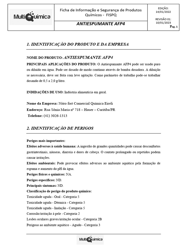 FISPQ Antiespumante AFP4 | PDF | Química | Vapor