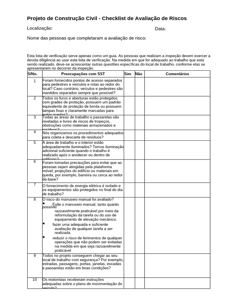 Checklist de Riscos na Construção Civil | PDF