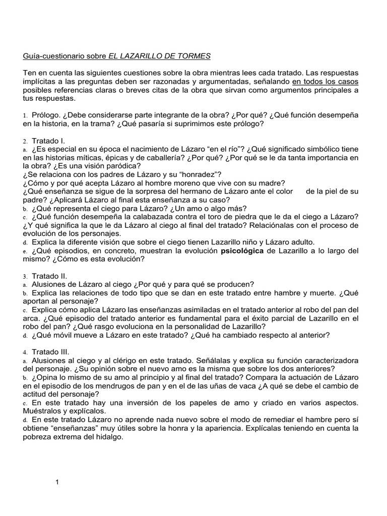 Cuestionario sobre El Lazarillo de Tormes | PDF