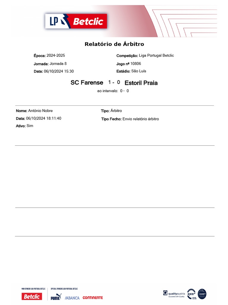 Relatorioarbitrosemnotificacoes SC Farense Vs Estoril Praia | PDF