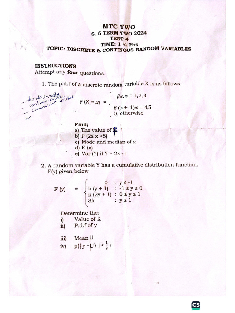 Mathematics Paper Two Discrete and Continuous Random Variables | PDF
