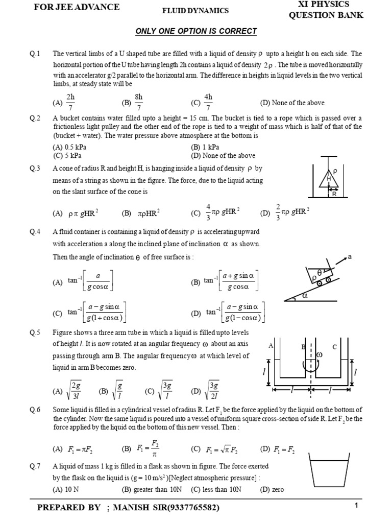 JEE Advanced Fluid Dynamics Question Bank | PDF | Pressure | Density