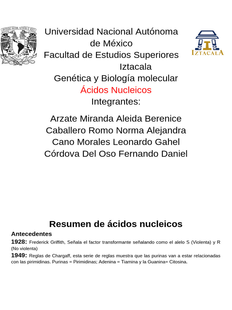 Resumen sobre Ácidos Nucleicos y Genética | PDF | Adn | Rna