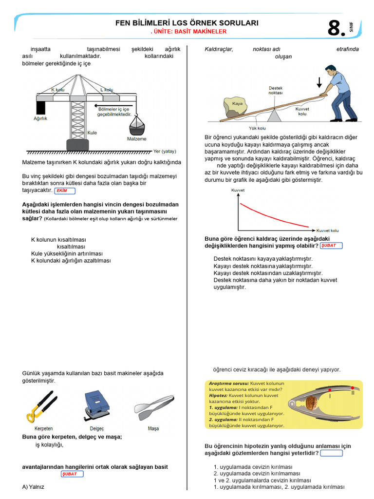 8.sınıf LGS Örnek Soruları - Basit Makineler (2018-2024) | PDF