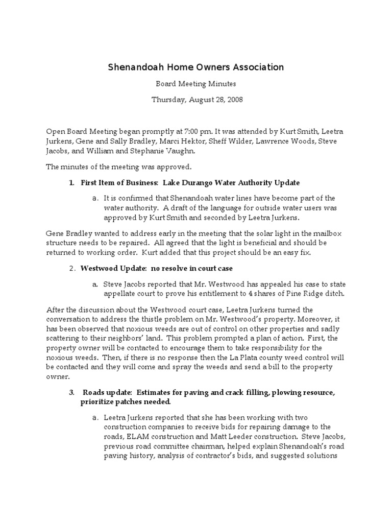 Shenandoah Home Owners Association 1. First Item of Business Lake