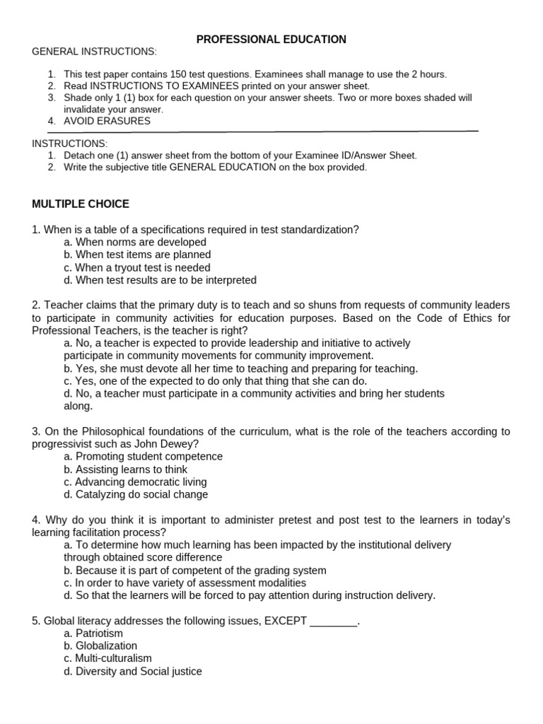 Professional Education Test Instructions | PDF | Learning | Teachers