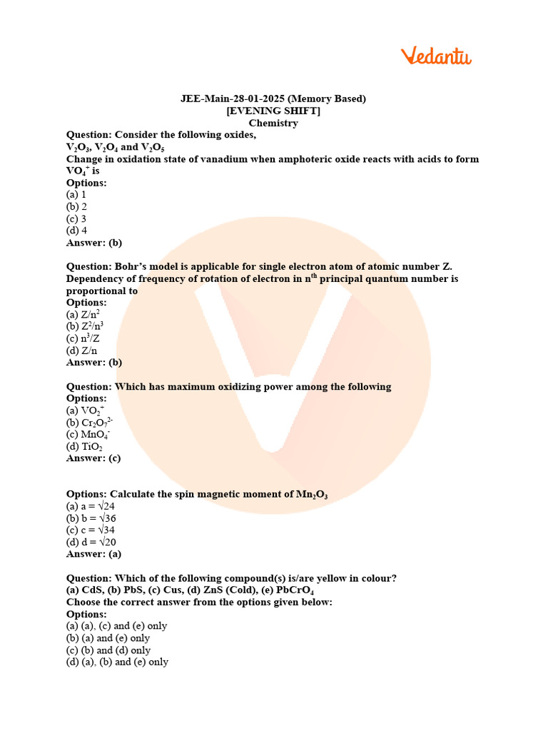 JEE Main 2025 Chemistry Questions | PDF | Atomic | Physical Sciences