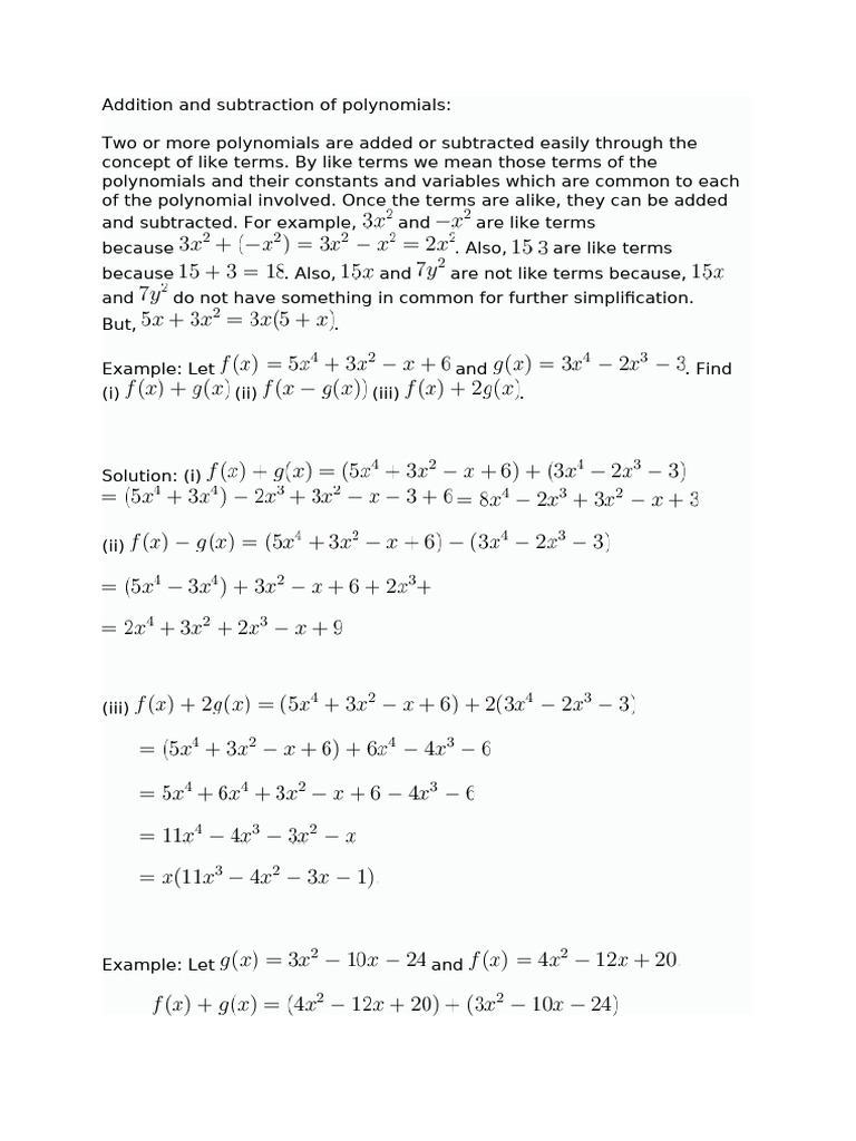 Addition and Subtraction of Polynomials | PDF
