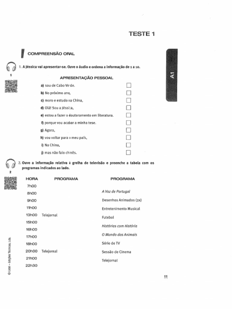 Livro Testes de Português A1 e A2 - Teste 1 - A1 | PDF