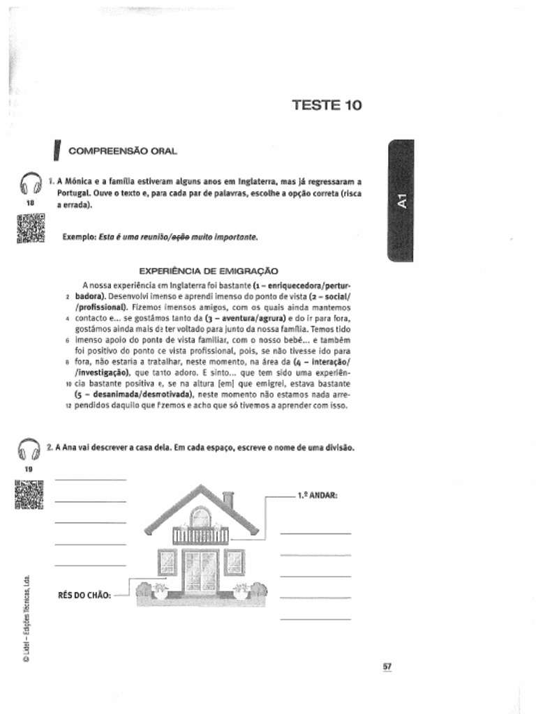 Livro Testes de Português A1 e A2 - Teste 10 - A1 | PDF