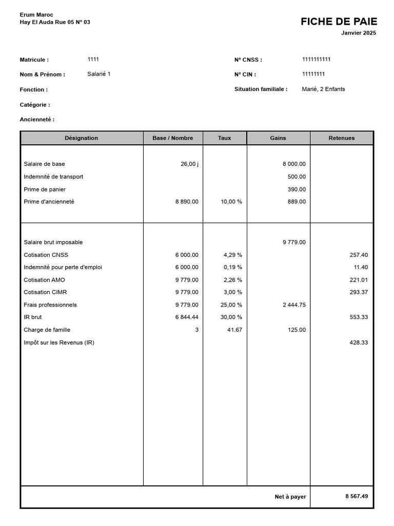 Fiche de paie Erum Maroc 2025 | PDF | Bulletin de salaire (droit ...