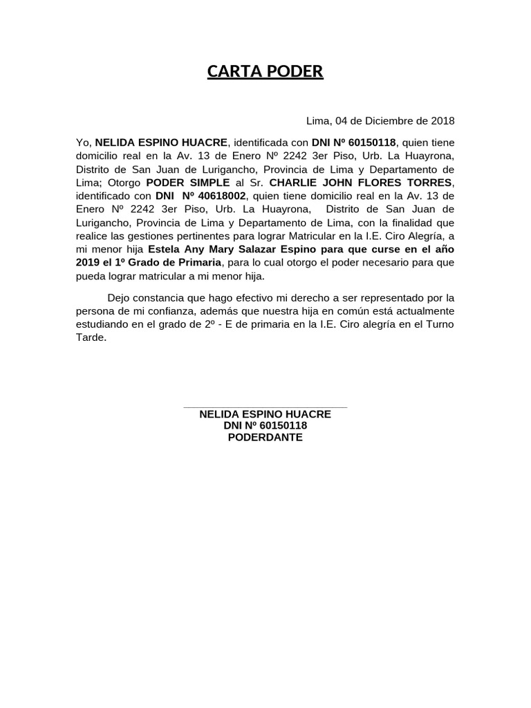 Carta Poder Simple para Matricular A Una Alumna - Generico 2 | PDF
