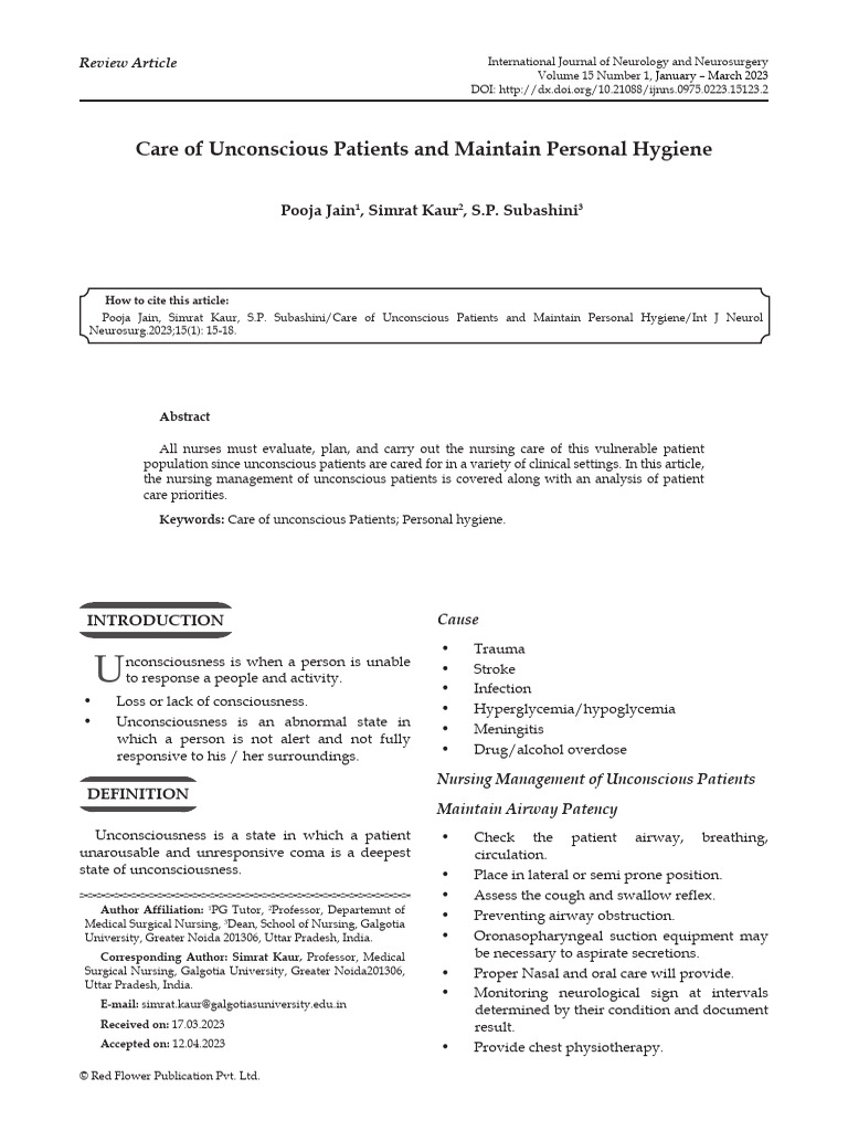Care for Unconscious Patients: Hygiene Guide | PDF | Coma | Dehydration