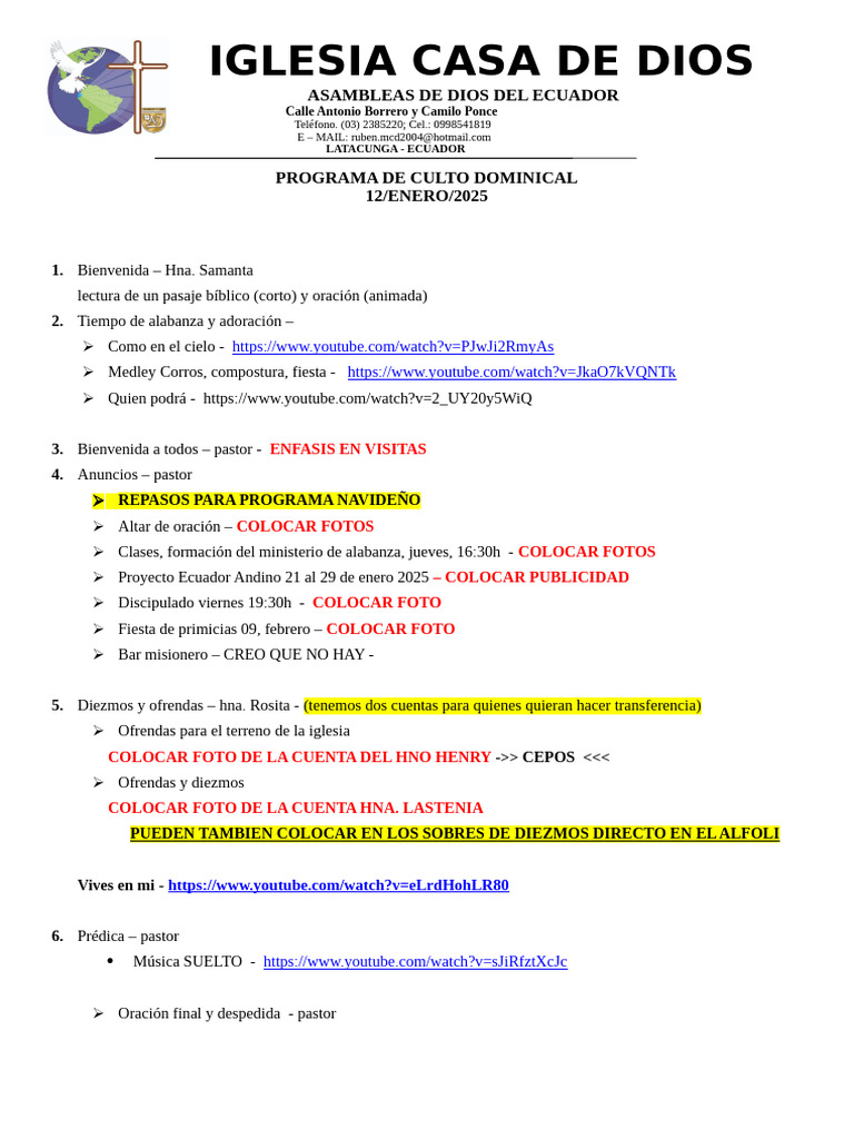 Programa de Culto Dominical 12/01/2025 | PDF