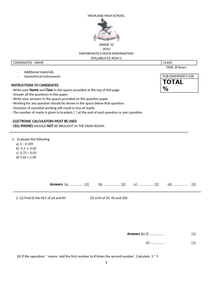 Grade 10 Mathematics Mock Exam 2010 | PDF | Polygon | Angle