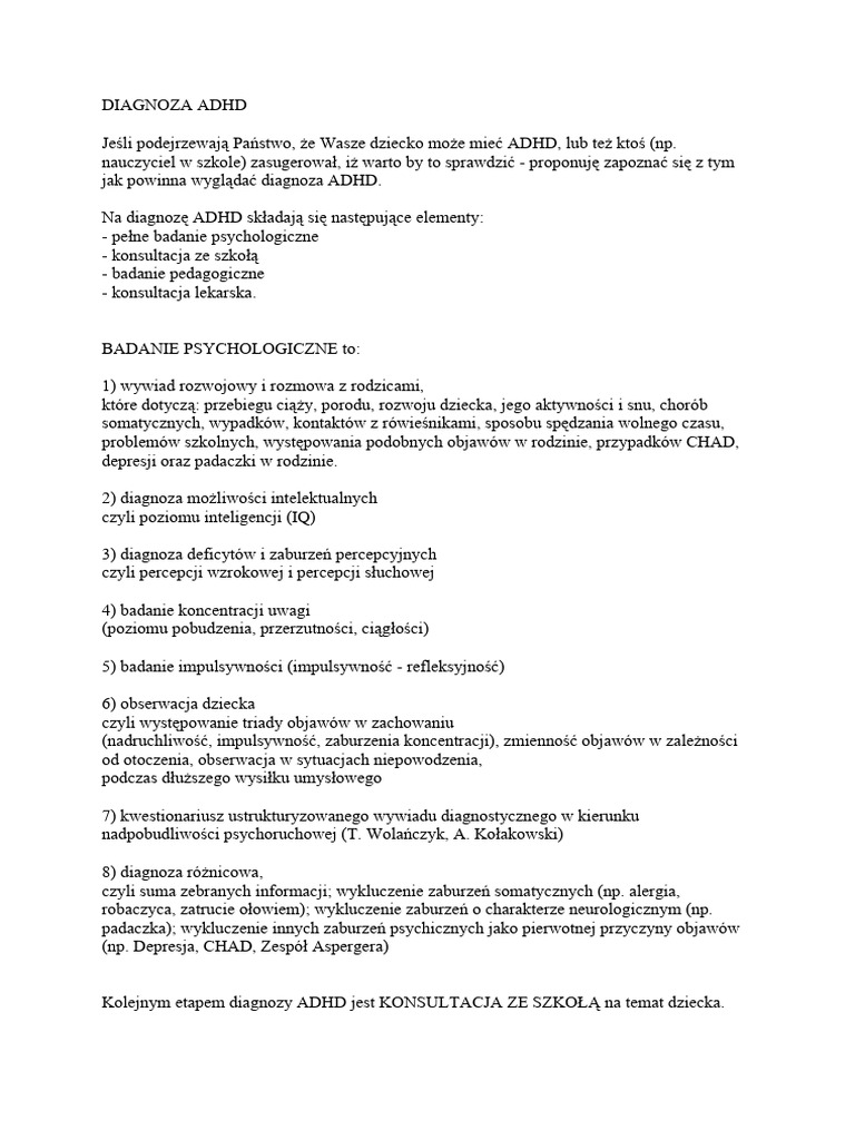 Diagnoza ADHD, Małgorzata Korycińska | PDF