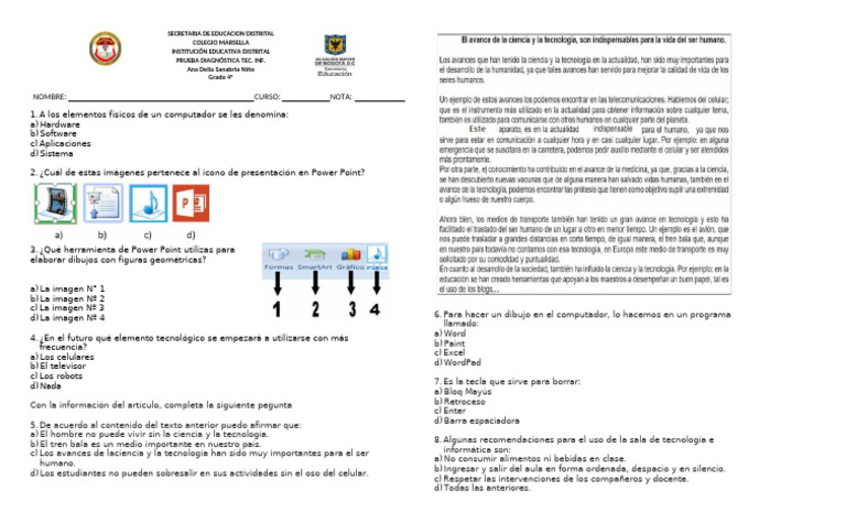 Prueba Diagnóstica de Tecnología para 4° Grado | PDF | Informática