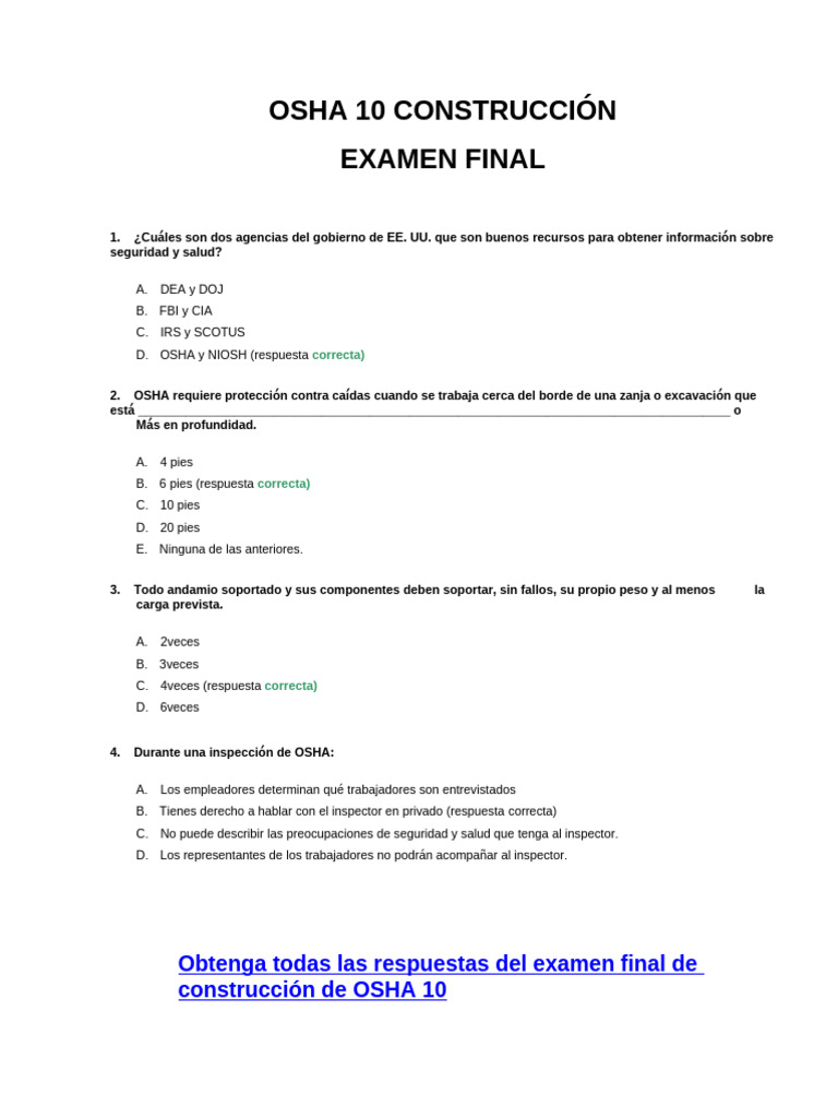 Respuestas Examen OSHA 10 Construcción | PDF | Administración de Seguridad y Salud Ocupacional