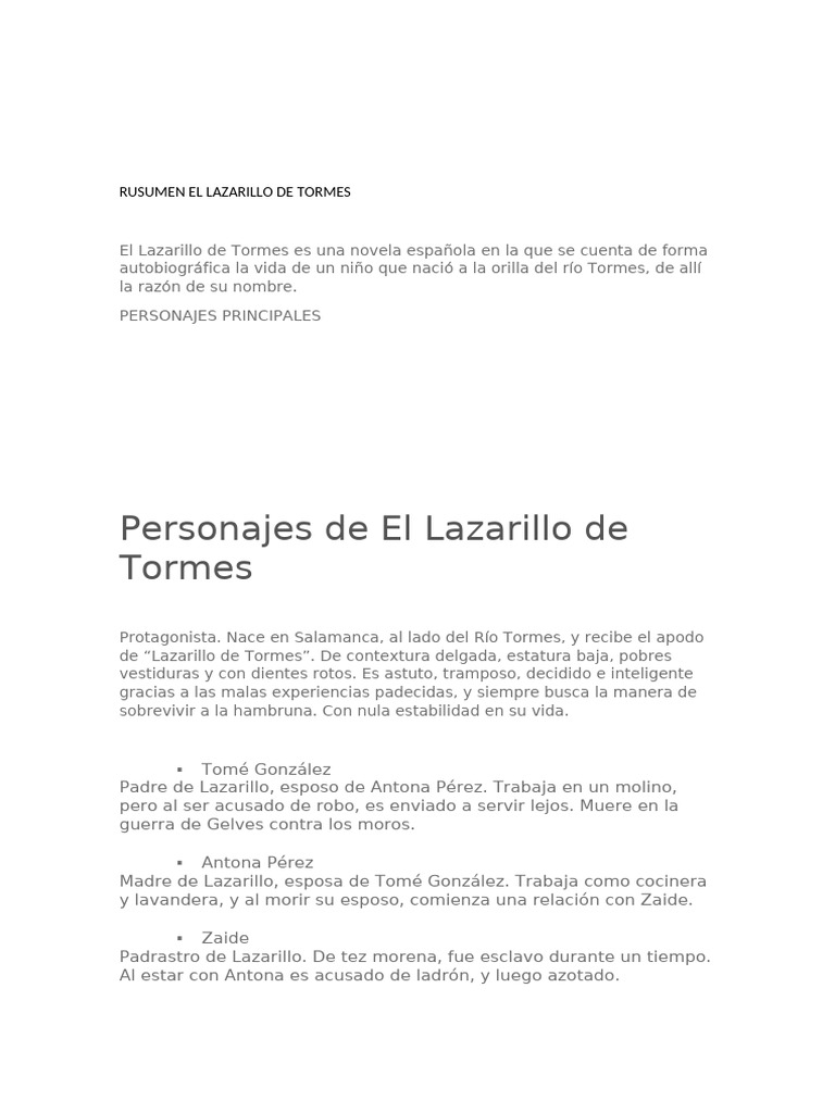 Resumen de El Lazarillo de Tormes | PDF