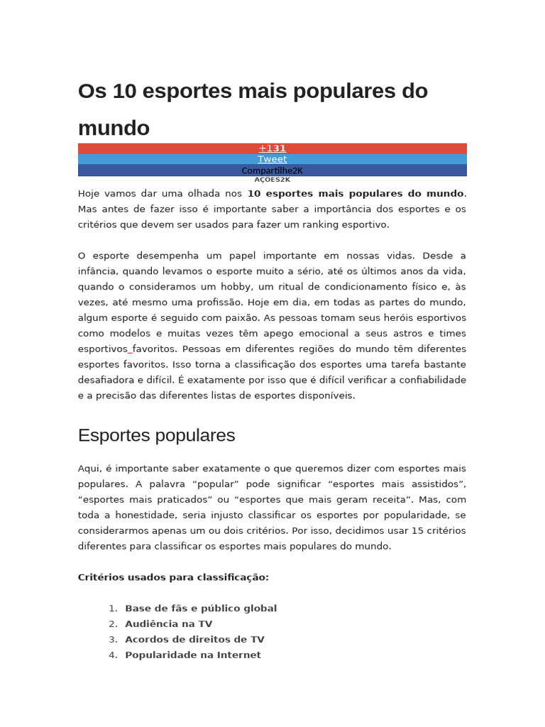 Top 10 Esportes Mais Populares do Mundo | PDF | Críquete | Futebol ...