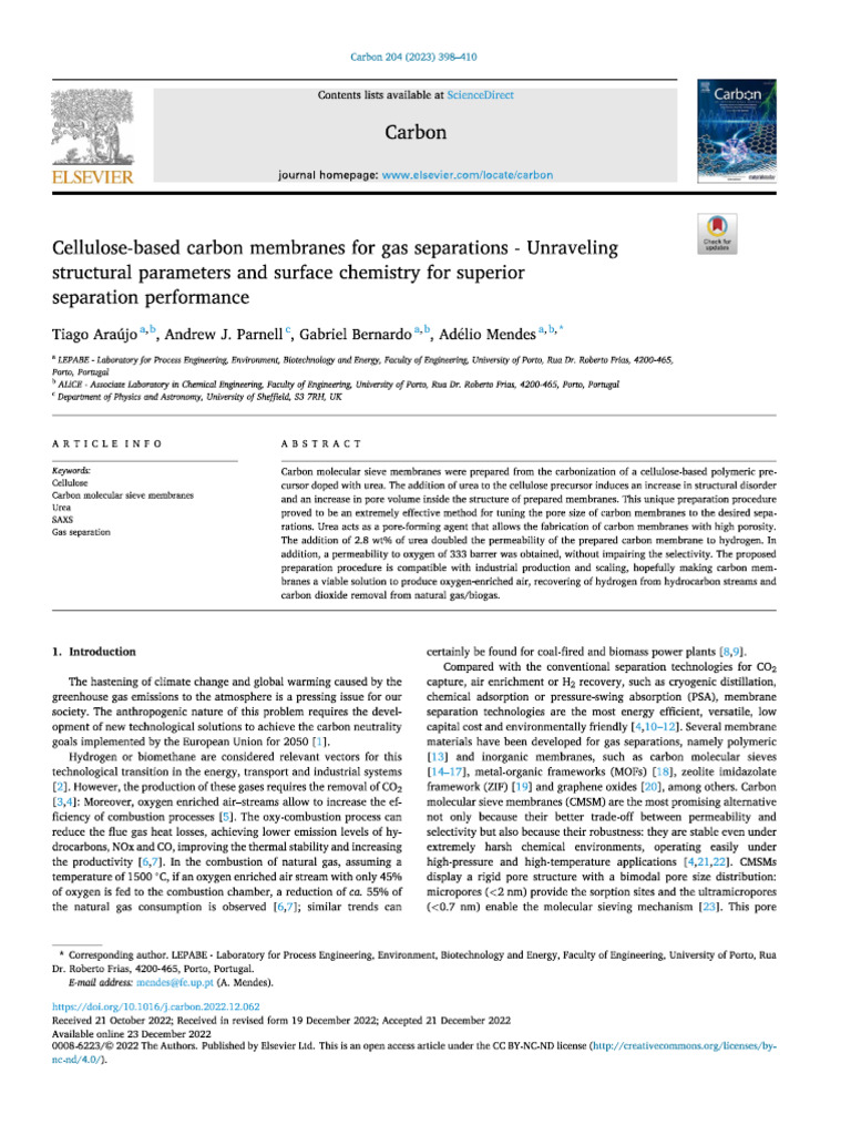 Cellulose-Based Carbon Membranes For Gas Separations | PDF