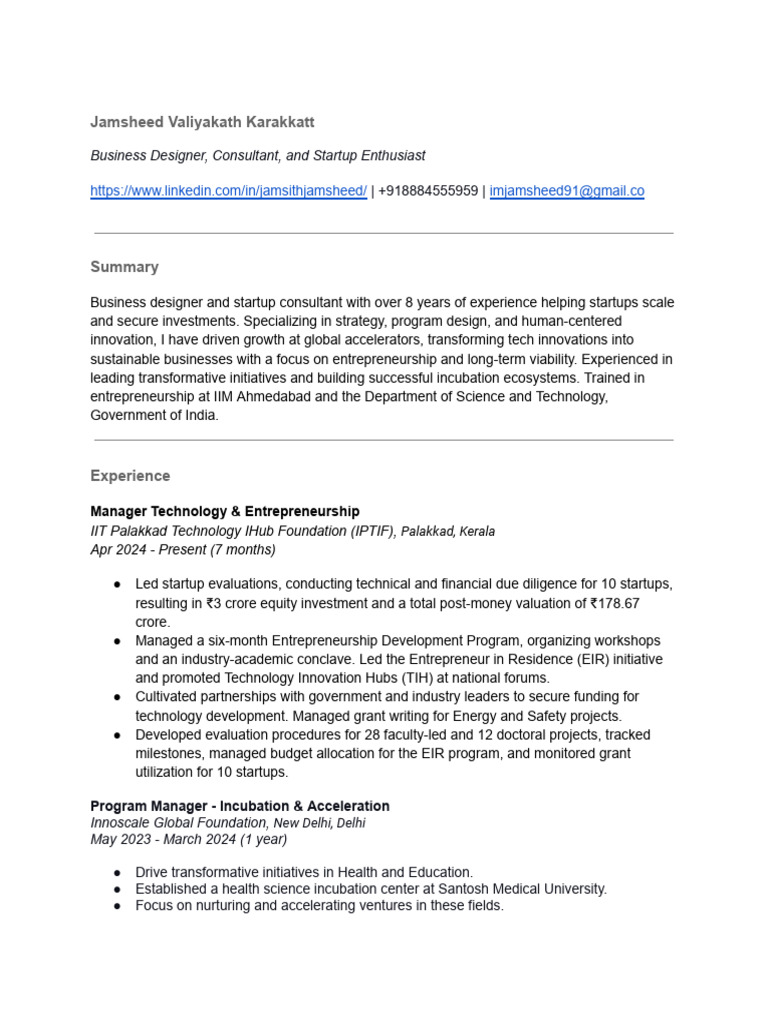 Jamsheed Valiyakath Karakkatt - CV - Resume | PDF | Startup Company ...