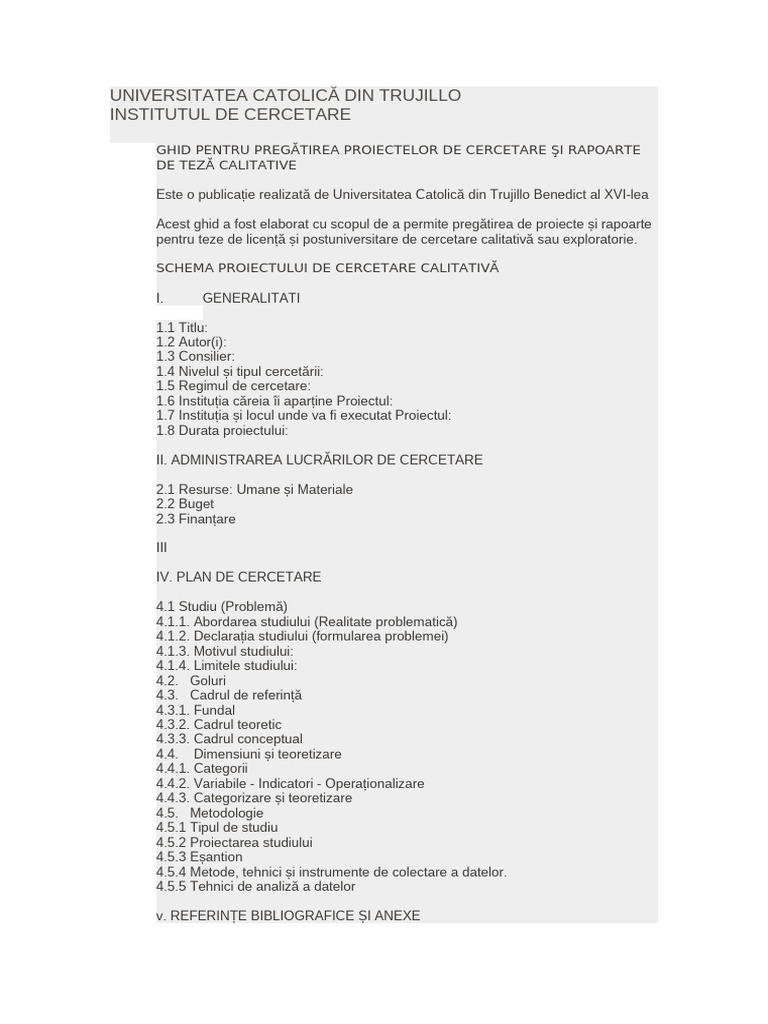 Schema Proiectului de Cercetare Calitativă | PDF