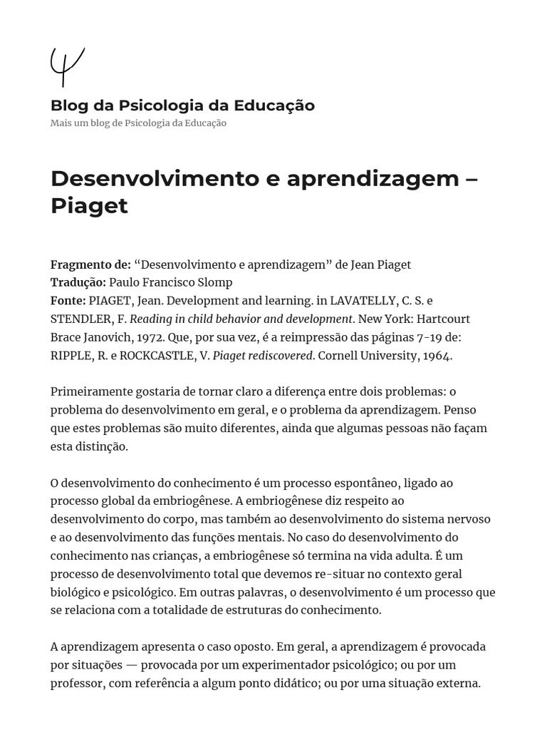 Desenvolvimento e Aprendizagem em Piaget | PDF | Aprendizado | Psicologia